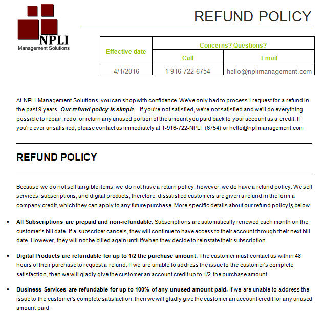NPLI Management Solutions, Inc.'s Refund Policy